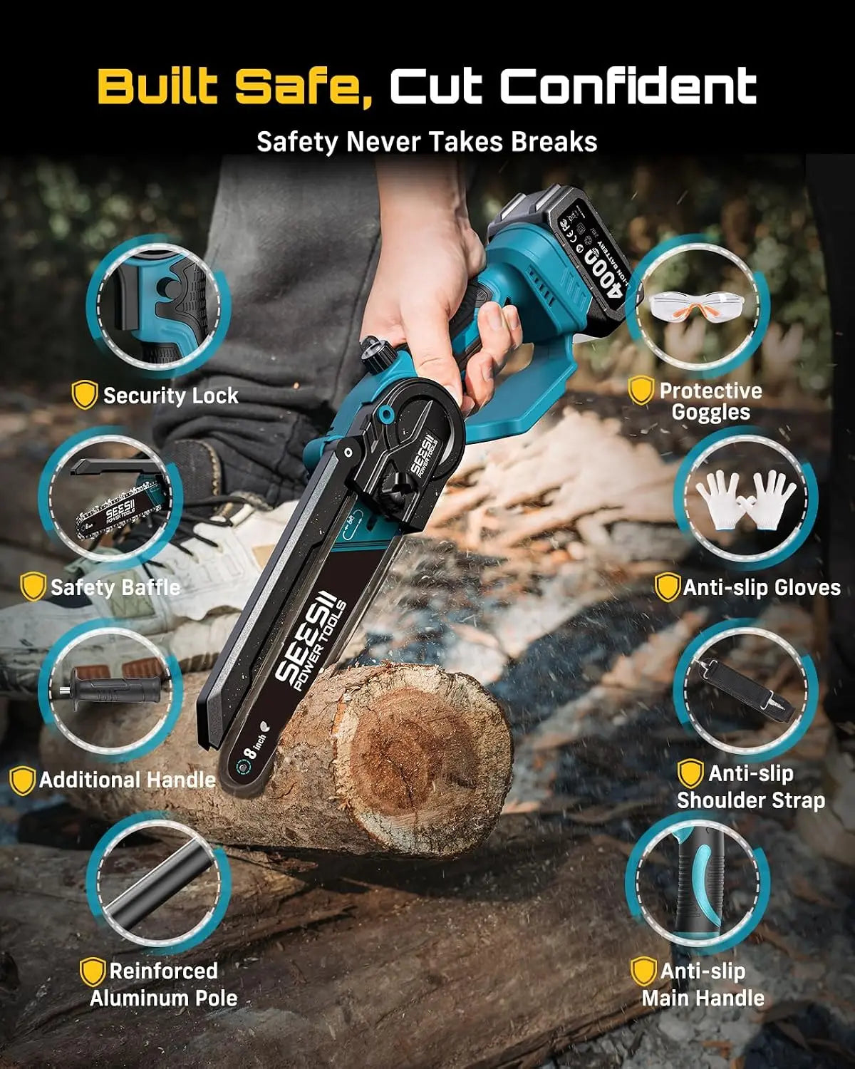 Polesaw High Branch Saw Cordless 8'' Electric Chainsaw with 3M Extension Pole for Tree Trimming Limb Cutter Pruner