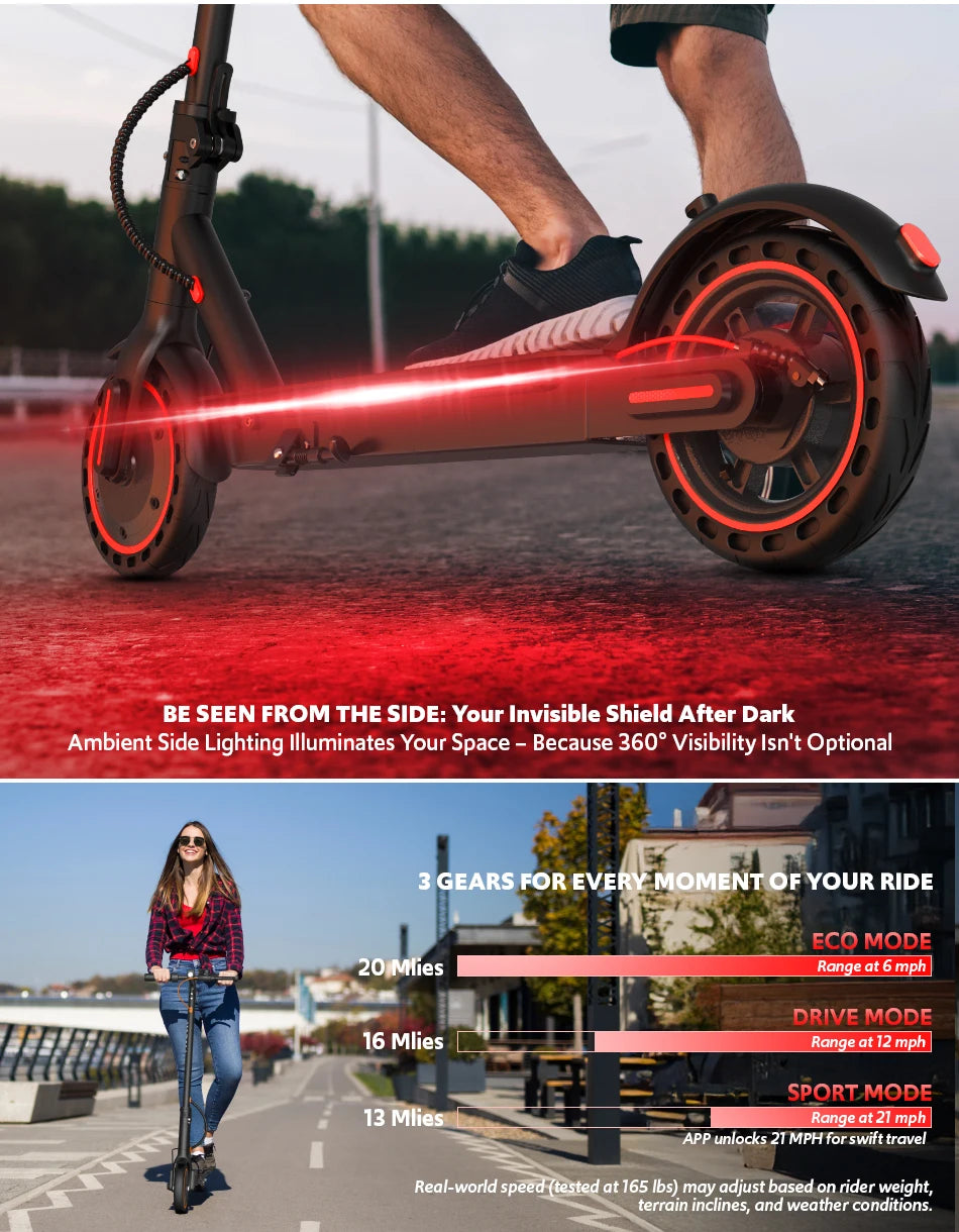 Electric Scooter for Adults, Up to 19 Miles & 19 MPH, 550W Motor, Front Suspension, Built-in Side Lights