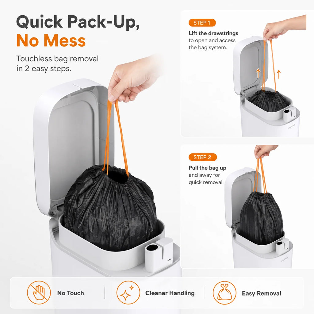 Smart Trash Can with Auto-Lining, Touchless Sensor Garbage Bin + Free Drawstring Bags, No-Mess Pull & Lift Wastebasket
