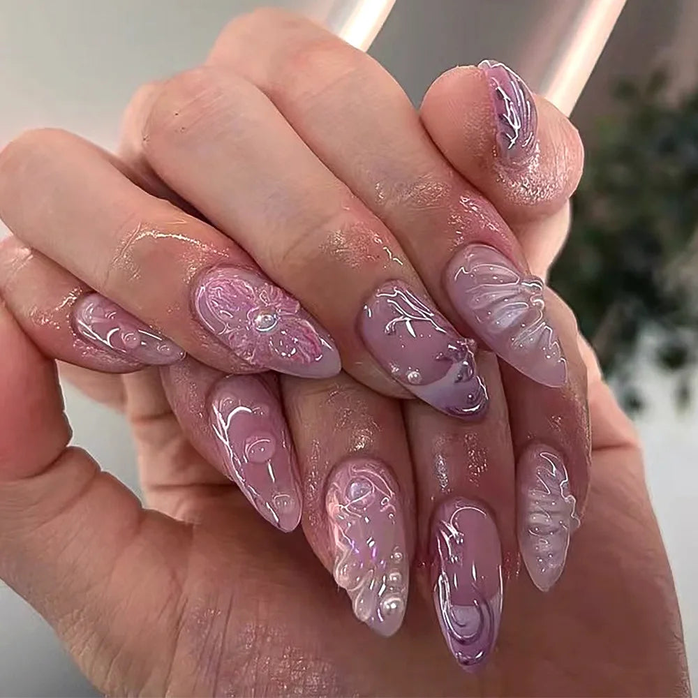 24Pcs Almond Press On Nails, Full Coverage False Nails (Random Style)