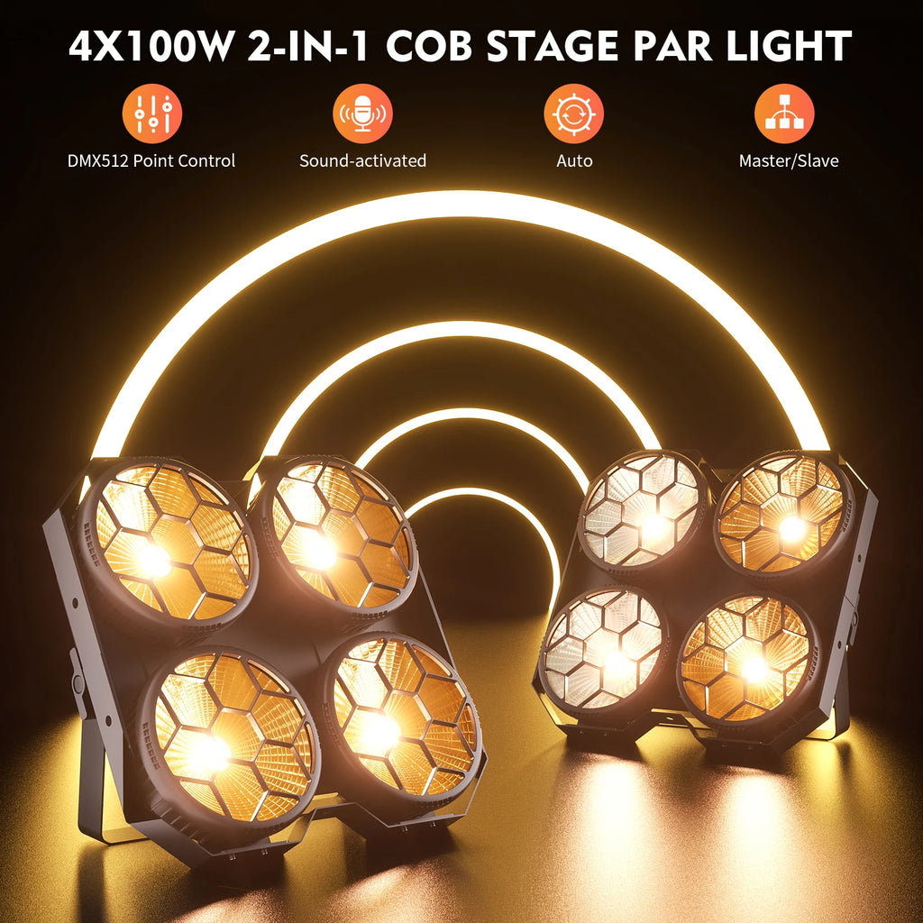 Fieryzeal 4x100W 2IN1 COB Par Light 4 Eyes Audience Light DMX512 LED Stage Light Wash Effect Blinder Light for DJ Disco Party