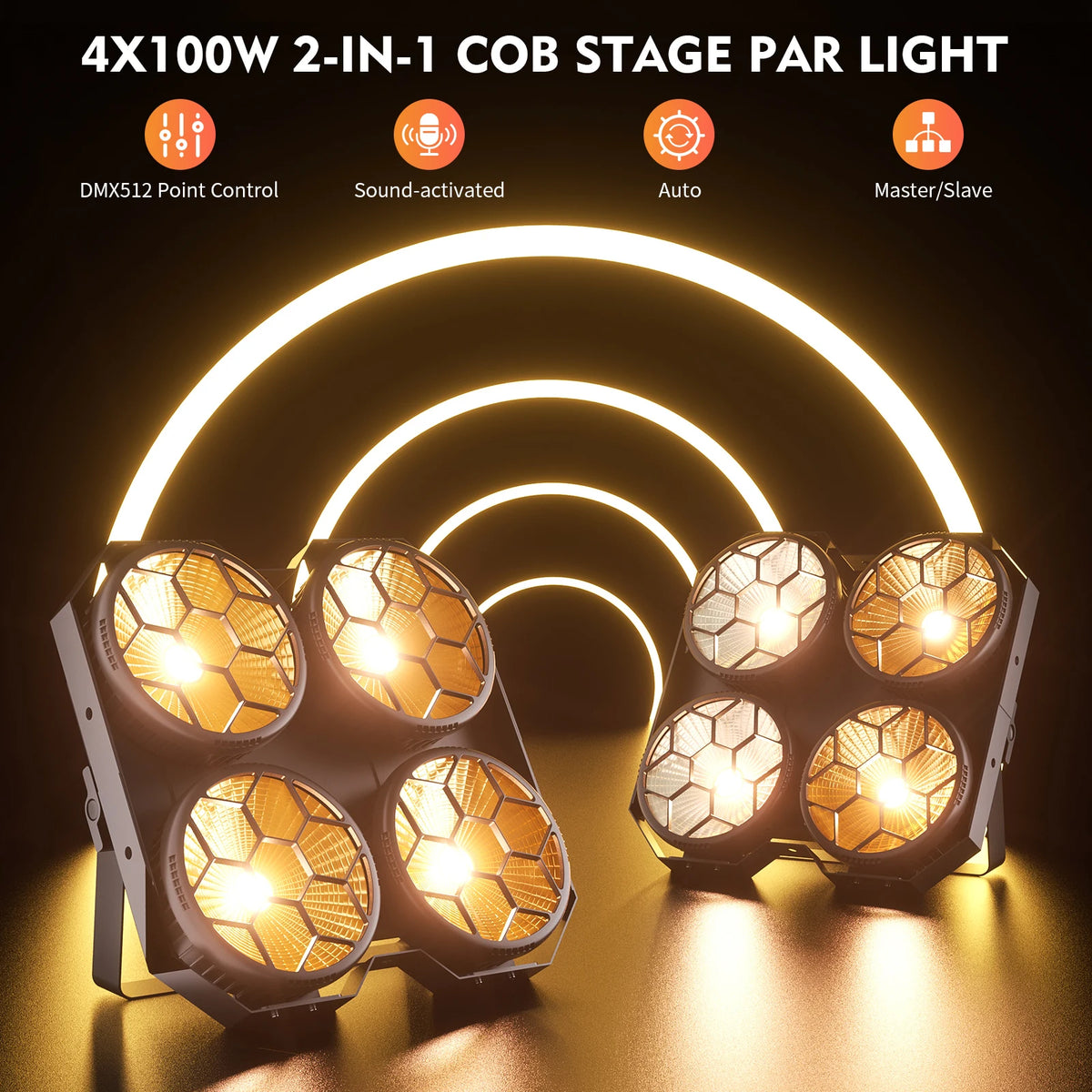 Fieryzeal 4x100W 2IN1 COB Par Light 4 Eyes Audience Light DMX512 LED Stage Light Wash Effect Blinder Light for DJ Disco Party