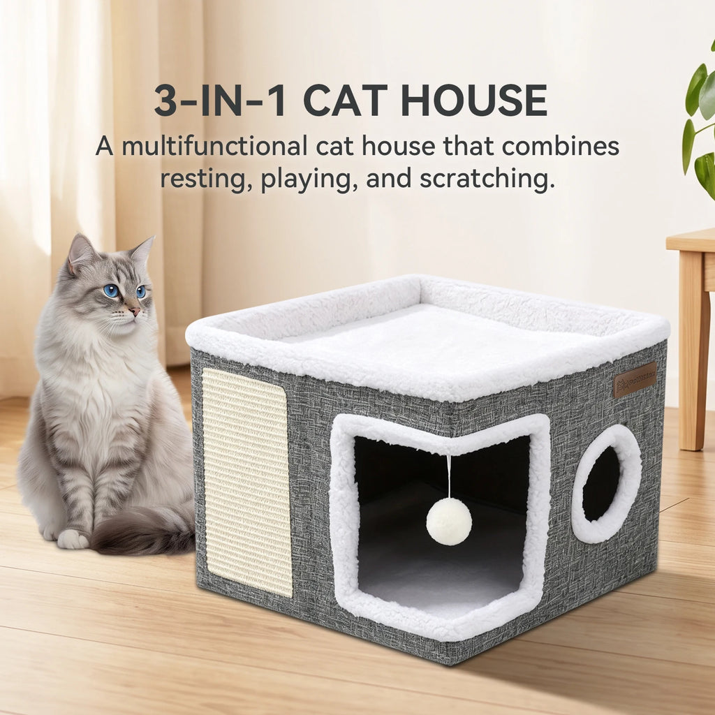 Multi-Layer Cat Bed With Double-Layer Bed, Toy Tunnel And Foldable Cat Scratching Post - Comfortable Indoor Cat Cube Bed, Equipped With Plush Hanging Balls, A Pet Christmas Gift, A Must-Have For Home.