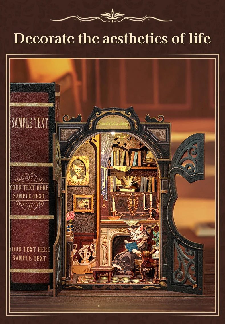 CUTEBEE DIY Book Nook Kit Miniature Dollhouse with Light Wooden Bookshelf Insert Retro Booknook Decor for Gifts Bookshop Series