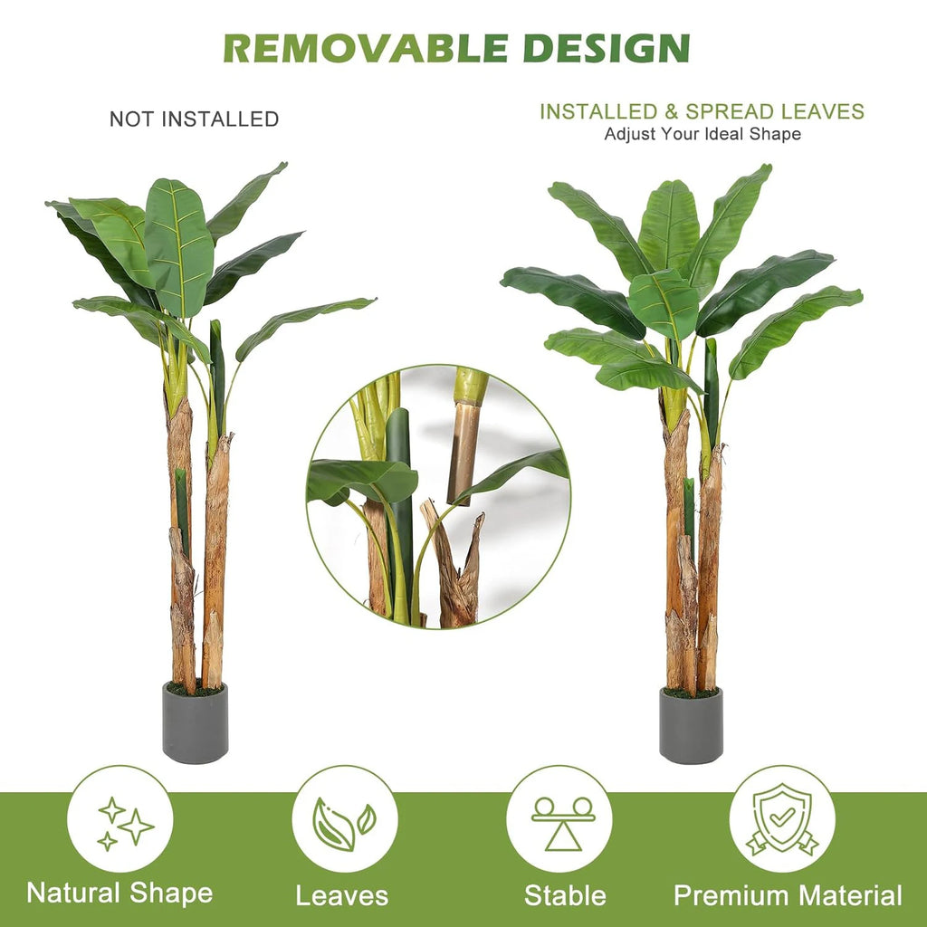 5FT/6FT Artificial Banana Tree,Tall Faux Tropical Plant in Grey Planter, Lifelike Fake Banana Tree for Home Office Living Room Entryway Patio