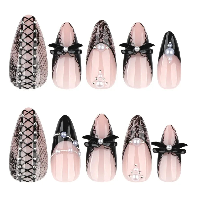 Black Bat Press On Nails, 24 Pieces Almond False Nails with Rivet and Bow Details, Reusable Halloween Nail Tips