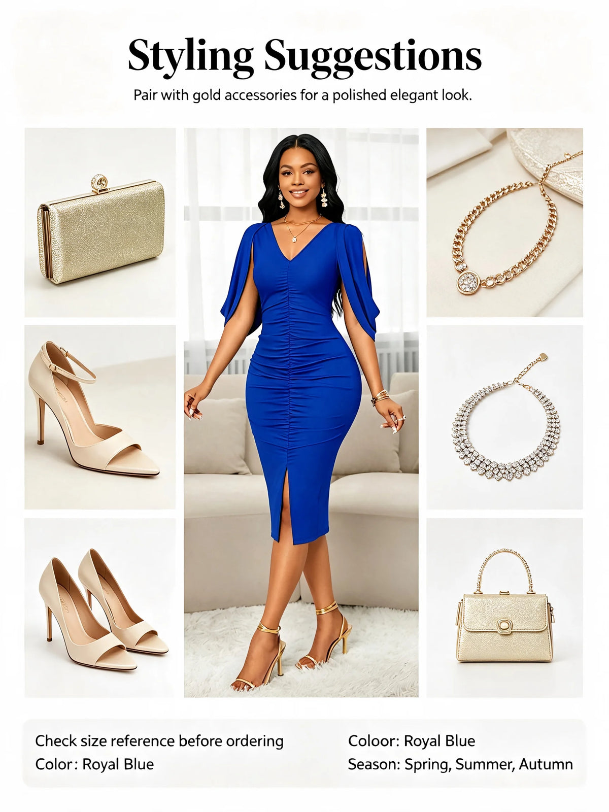 Women's V-Neck Cape Sleeve Midi Dress, Elegant Bodycon Split Dress for Evening and Weddings