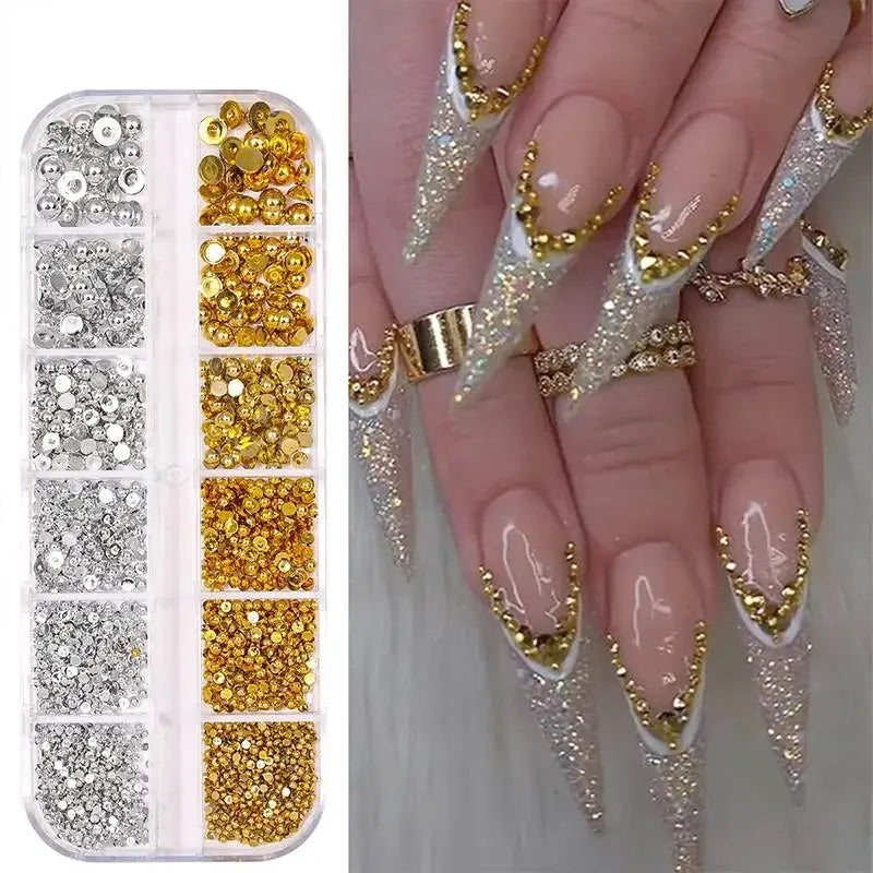 12Gird 3D Glass AB Crystal Nail Art Rhinestones Kit Flatback Round Bead Charm Gem Stones Jewelry Diamond with Tools for Nail Art
