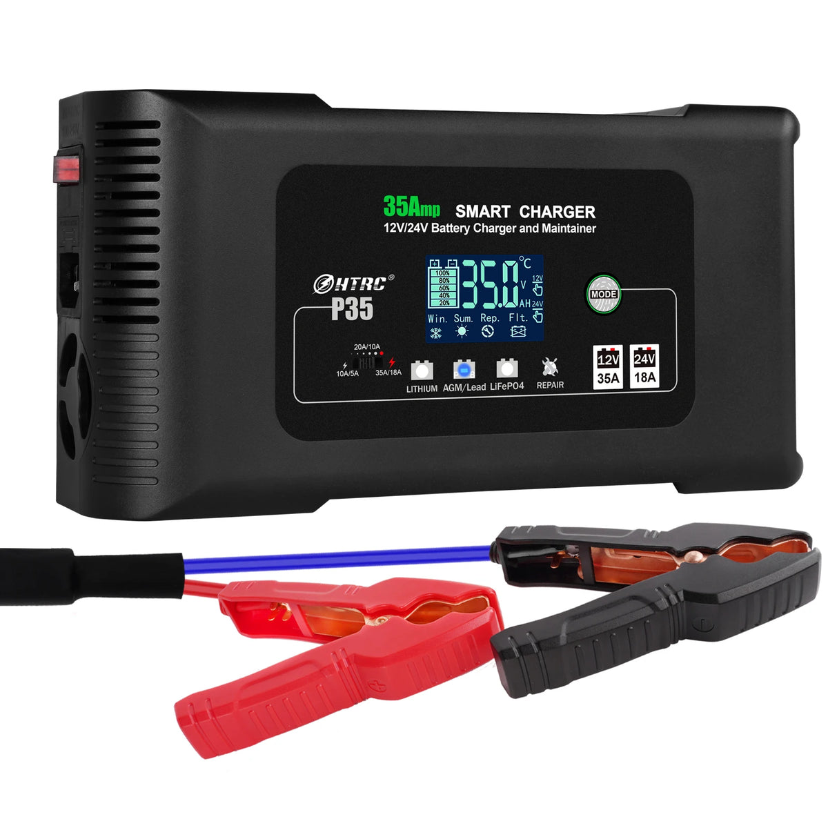 12V-24V 35A/25A/20A/15A/10A Car Battery Charger LCD Automatic Pulse Repair Charge for Lifepo4 AGM Lead-Acid Lithium Batteri