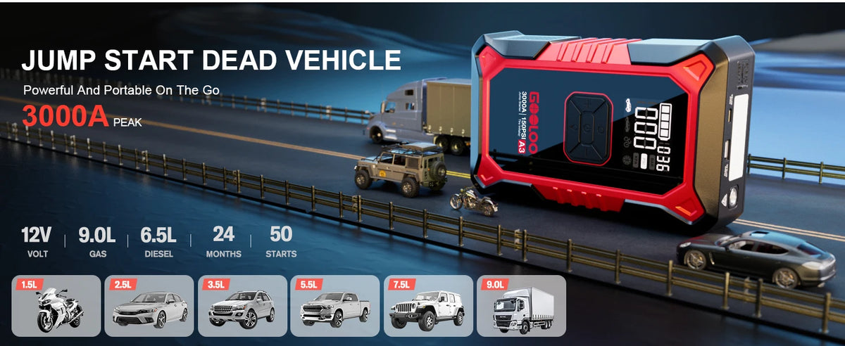 A3 Jump Starter with Air Compressor, 3000A Portable Car Battery Booster (9.0 Gas/6.5L Diesel) with 150PSI Auto-Shutoff Ti