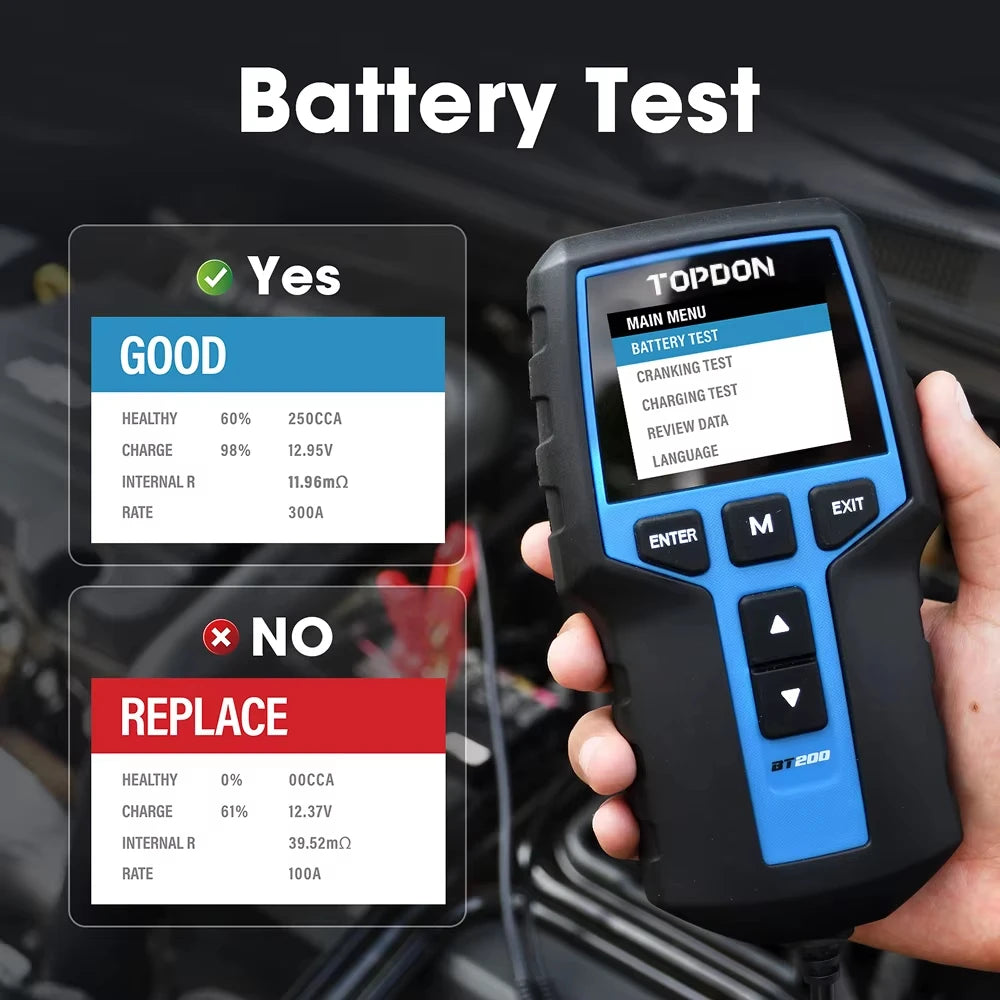TOPDON BT200 Car Battery Tester, 12V/24V, 100-2000 CCA Load Tester | Battery and Alternator Tester for Cranking and Charging Systems, Auto Battery Analyzer for Cars, Trucks, SUVs, ATVs and Boats