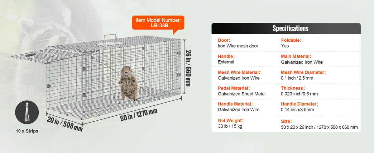 SucceBuy 24/31/42/50in Animal Cage Trap Folding Humane Cat Trap Galvanized Iron with Handle for Rabbits Squirrels Groundhogs