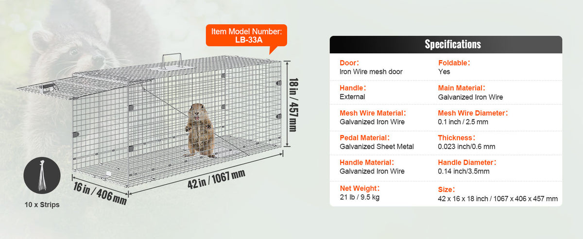 SucceBuy 24/31/42/50in Animal Cage Trap Folding Humane Cat Trap Galvanized Iron with Handle for Rabbits Squirrels Groundhogs