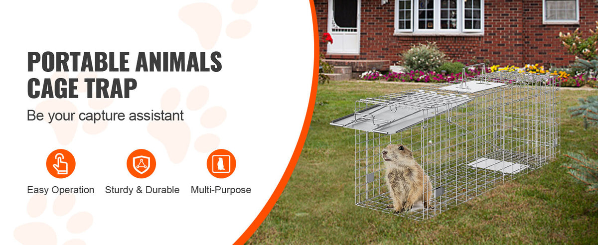 SucceBuy 24/31/42/50in Animal Cage Trap Folding Humane Cat Trap Galvanized Iron with Handle for Rabbits Squirrels Groundhogs