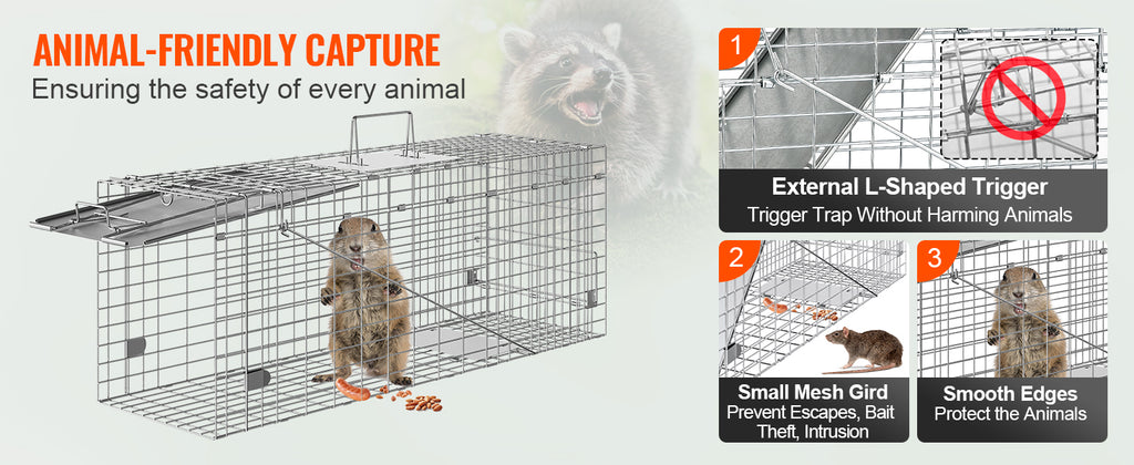 SucceBuy 24/31/42/50in Animal Cage Trap Folding Humane Cat Trap Galvanized Iron with Handle for Rabbits Squirrels Groundhogs
