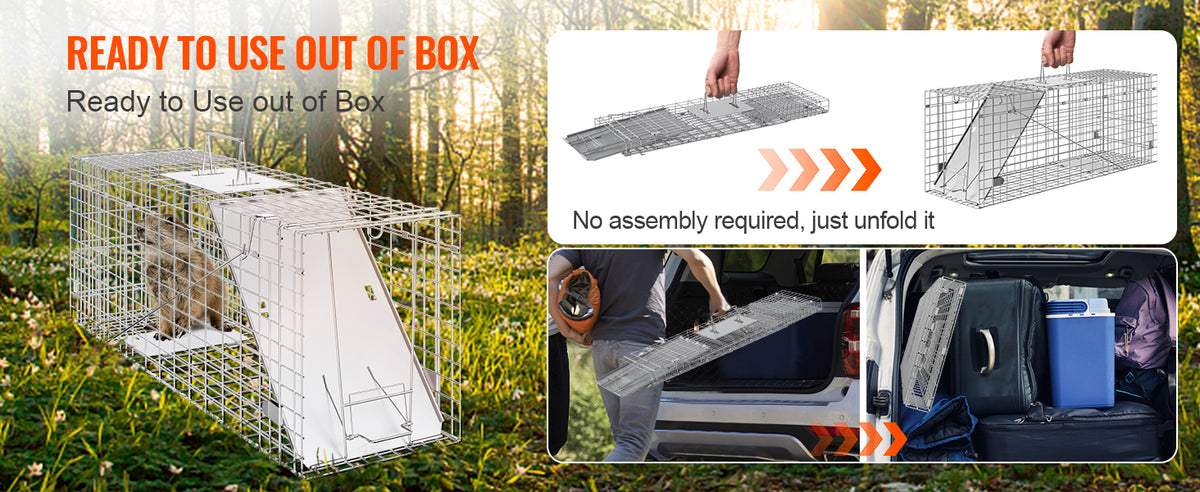 SucceBuy 24/31/42/50in Animal Cage Trap Folding Humane Cat Trap Galvanized Iron with Handle for Rabbits Squirrels Groundhogs