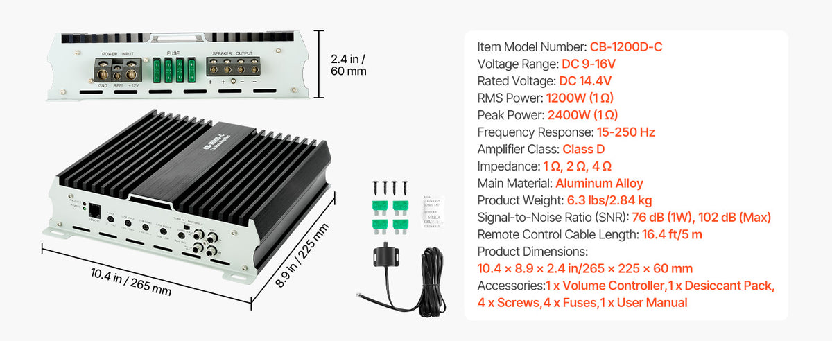 SucceBuy Monoblock Car Amplifier Stable 1Channel Class D Car Audio Amplifier with Remote Subwoofer Level Control Low Pass Filter