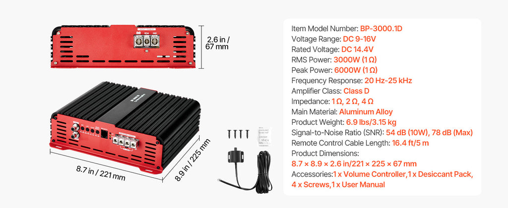 SucceBuy Monoblock Car Amplifier Stable 1Channel Class D Car Audio Amplifier with Remote Subwoofer Level Control Low Pass Filter