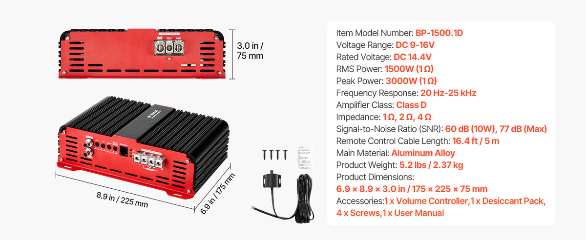 SucceBuy Monoblock Car Amplifier Stable 1Channel Class D Car Audio Amplifier with Remote Subwoofer Level Control Low Pass Filter