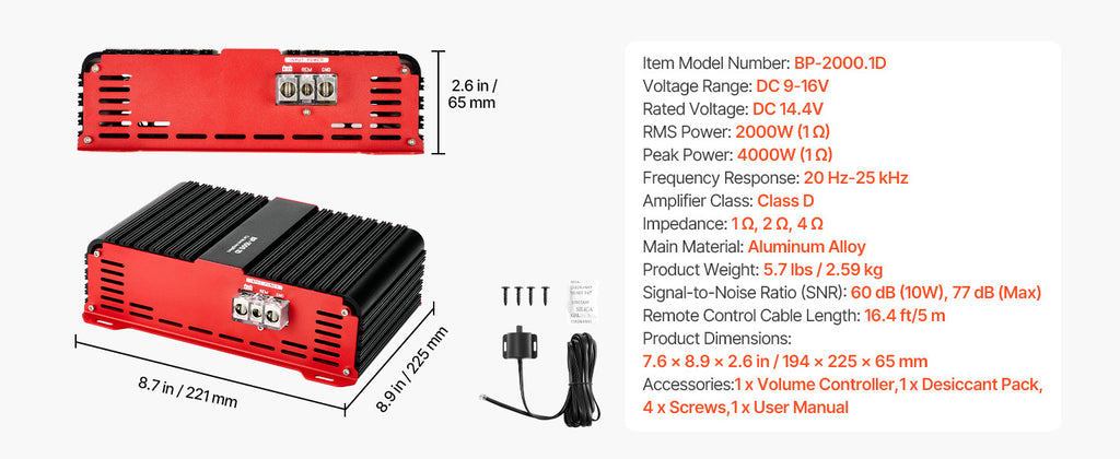 SucceBuy Monoblock Car Amplifier Stable 1Channel Class D Car Audio Amplifier with Remote Subwoofer Level Control Low Pass Filter