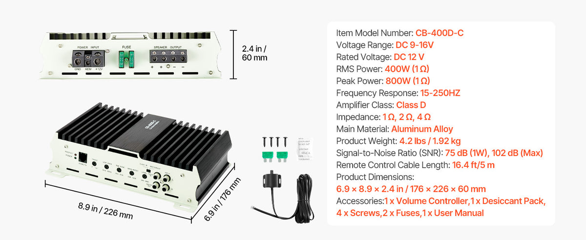 SucceBuy Monoblock Car Amplifier Stable 1Channel Class D Car Audio Amplifier with Remote Subwoofer Level Control Low Pass Filter