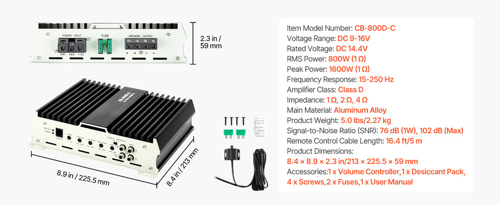 SucceBuy Monoblock Car Amplifier Stable 1Channel Class D Car Audio Amplifier with Remote Subwoofer Level Control Low Pass Filter
