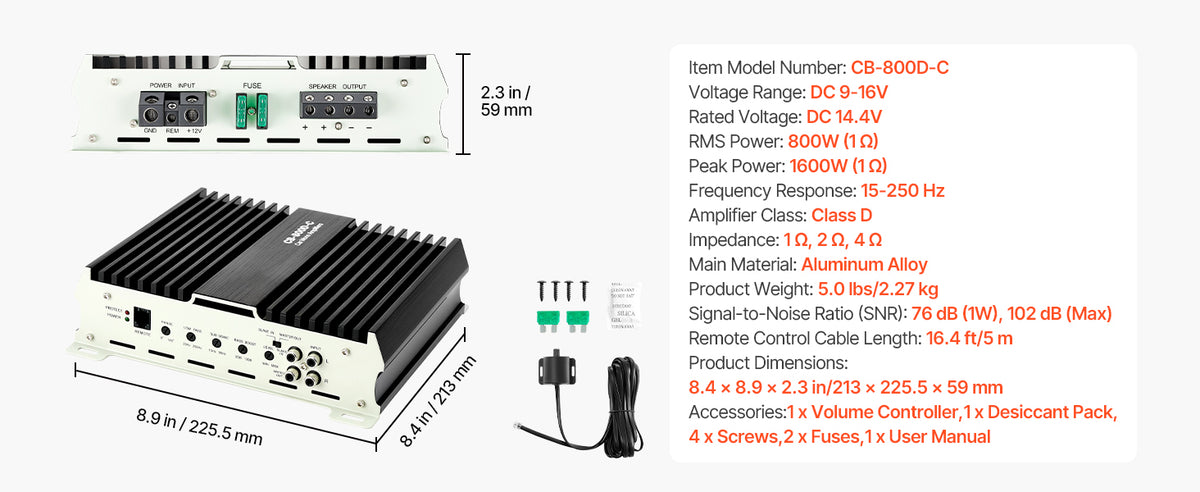 SucceBuy Monoblock Car Amplifier Stable 1Channel Class D Car Audio Amplifier with Remote Subwoofer Level Control Low Pass Filter