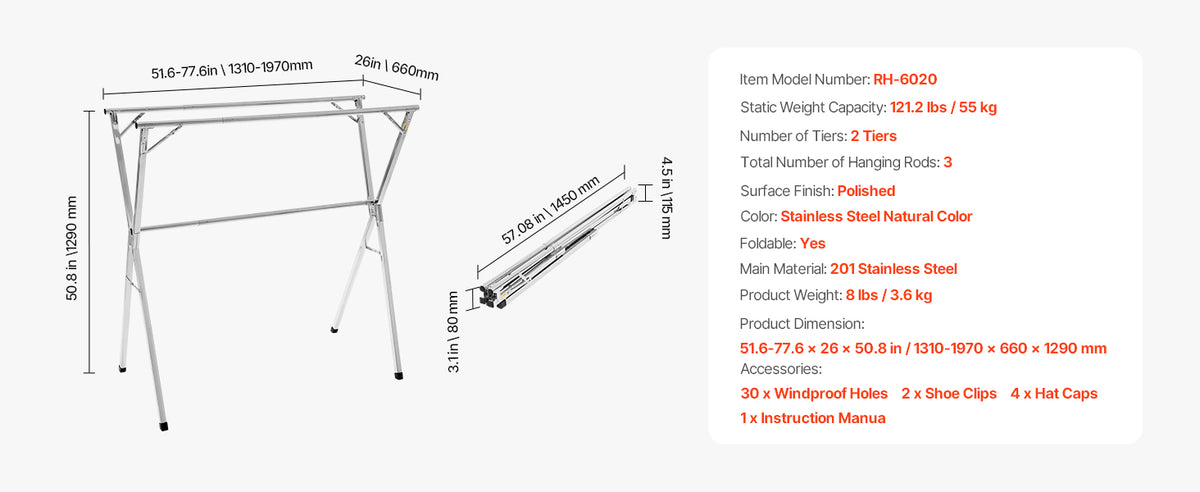 Foldable Metal Clothes Drying Rack with Sock Clips, Height Adjustable
