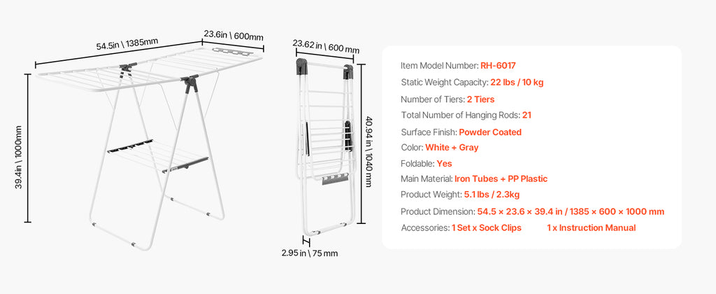 Foldable Metal Clothes Drying Rack with Sock Clips, Height Adjustable