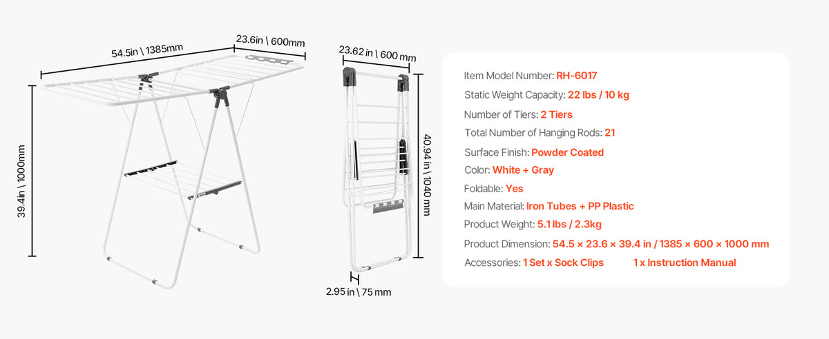 Foldable Metal Clothes Drying Rack with Sock Clips, Height Adjustable