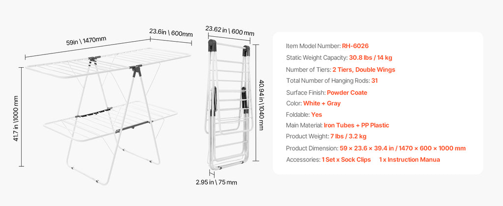 Foldable Metal Clothes Drying Rack with Sock Clips, Height Adjustable