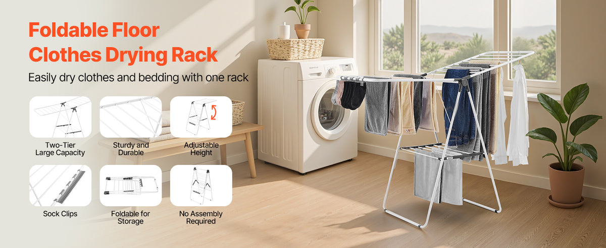 Foldable Metal Clothes Drying Rack with Sock Clips, Height Adjustable
