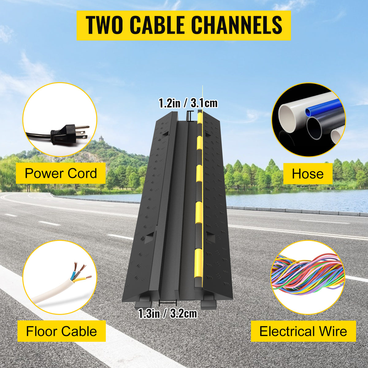 Heavy-Duty 2-Channel Cable Protector Ramp, 11000lb Rubber Cord Cover and Speed Bump