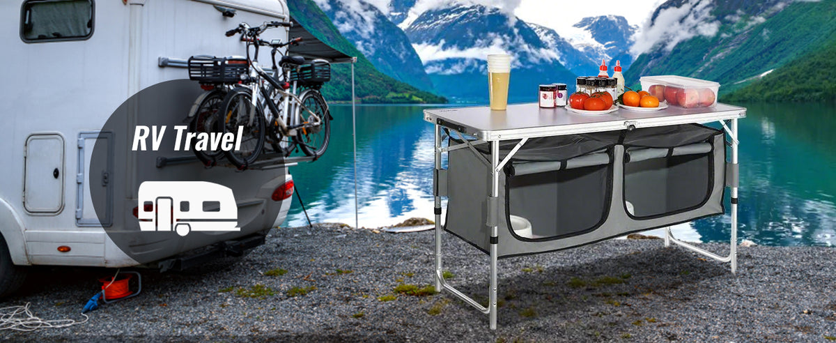 Folding Camping Kitchen Table, Quick Set-Up Outdoor Table for Picnics and BBQ