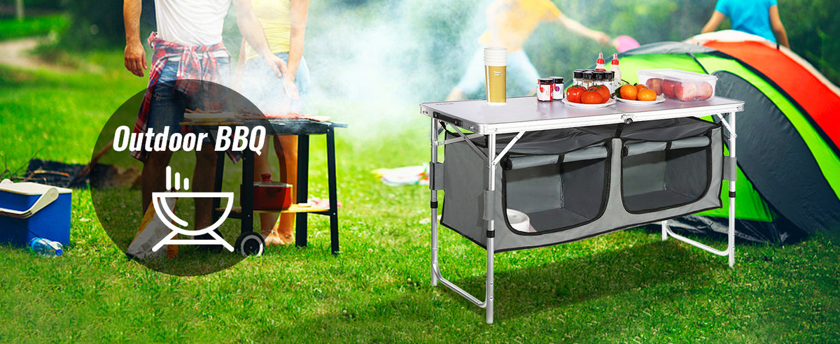 Folding Camping Kitchen Table, Quick Set-Up Outdoor Table for Picnics and BBQ