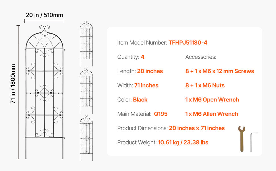 SucceBuy Garden Trellis for Climbing Plants 71x20in Rustproof Metal Flower Trellis Decorative Clematis Trellis for Courtyard