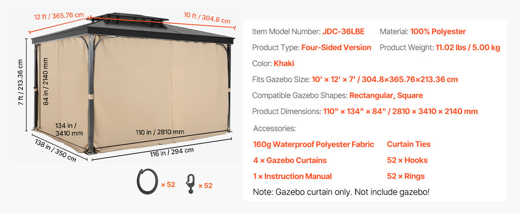 SucceBuy Gazebo Curtains 4-Panel Sidewall Gazebo Privacy Curtains with Zippers Universal Sunshade Curtains Replacement for Patio