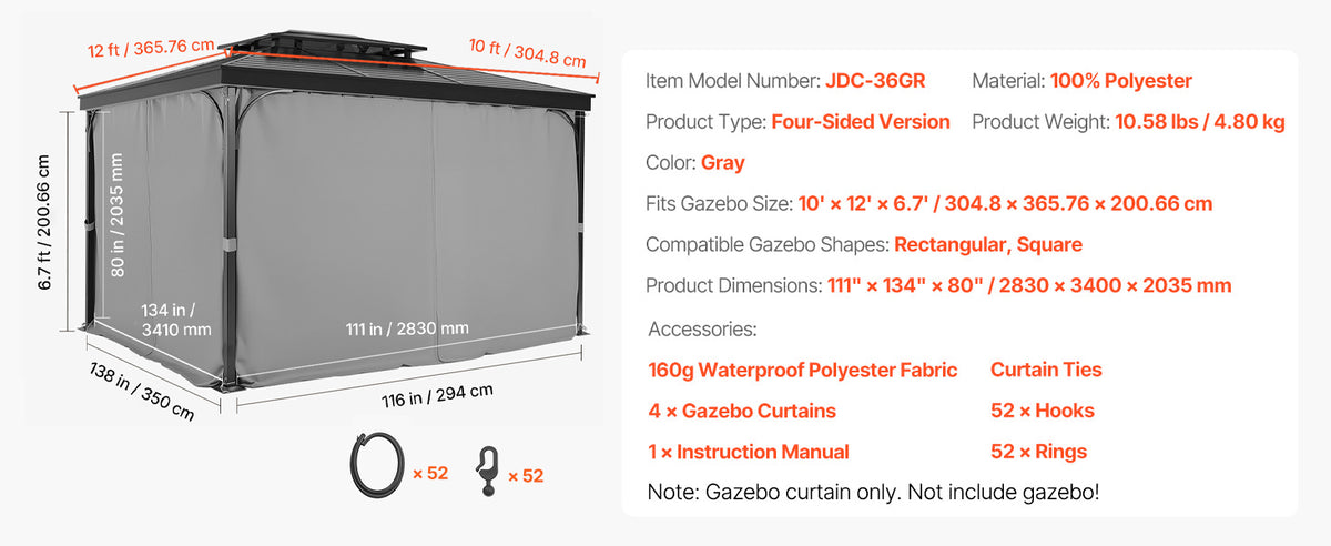 SucceBuy Gazebo Curtains 4-Panel Sidewall Gazebo Privacy Curtains with Zippers Universal Sunshade Curtains Replacement for Patio