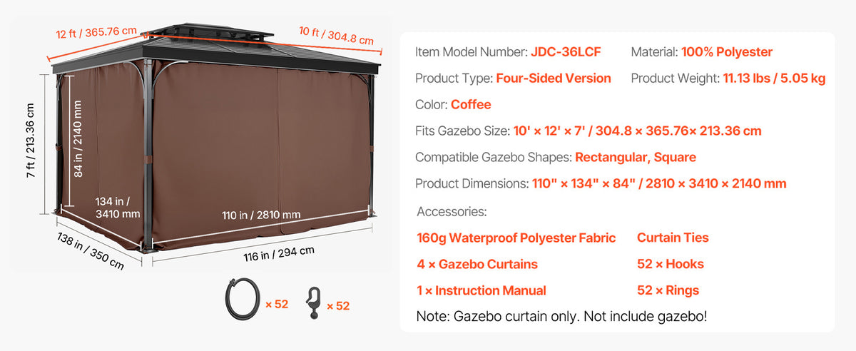 SucceBuy Gazebo Curtains 4-Panel Sidewall Gazebo Privacy Curtains with Zippers Universal Sunshade Curtains Replacement for Patio