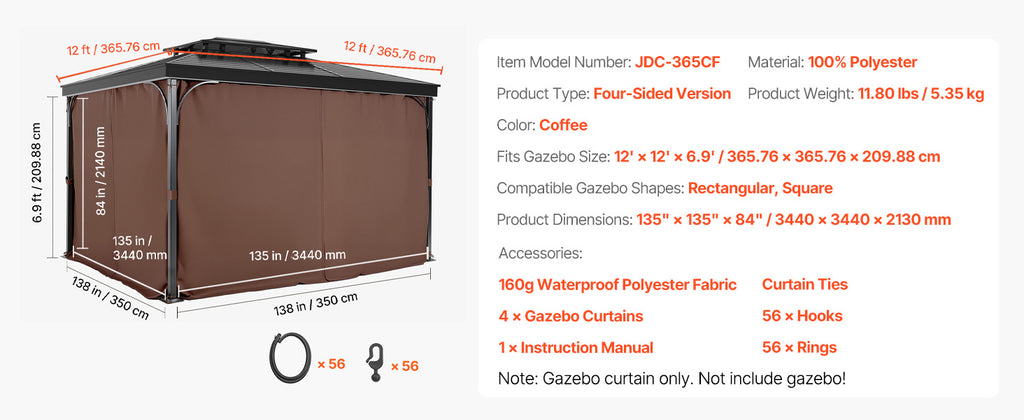 SucceBuy Gazebo Curtains 4-Panel Sidewall Gazebo Privacy Curtains with Zippers Universal Sunshade Curtains Replacement for Patio