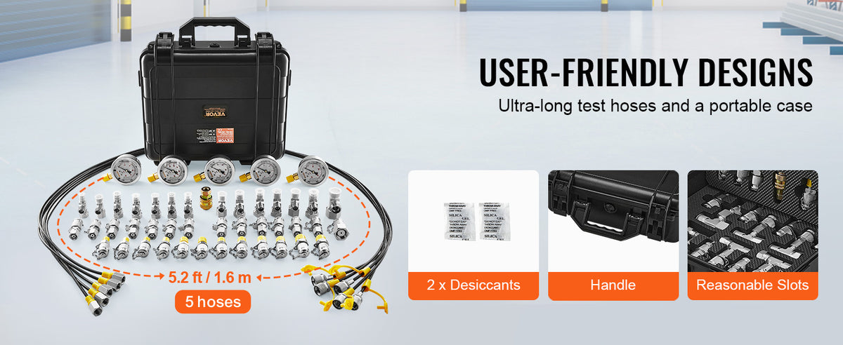 Hydraulic Pressure Test Kit with Gauges and Carrying Case for Excavators and Tractors