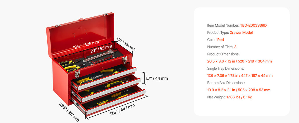 20-Inch 3-Drawer Metal Tool Box with EVA Liners