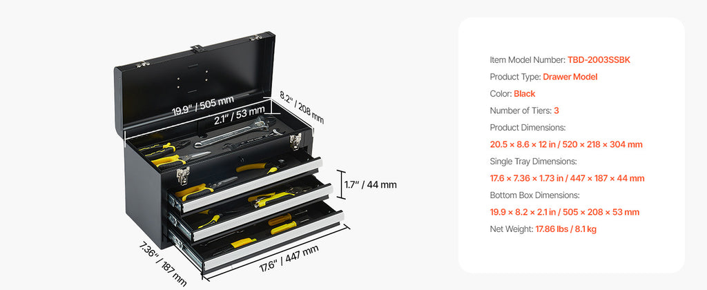 20-Inch 3-Drawer Metal Tool Box with EVA Liners