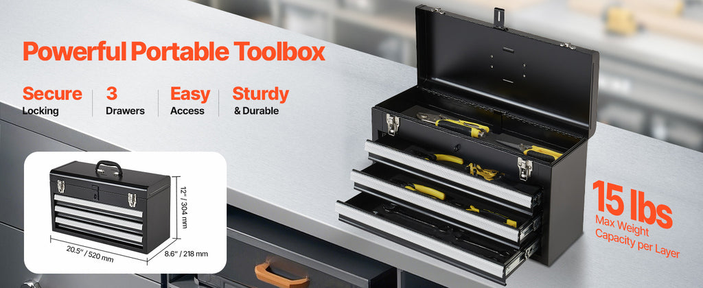 20-Inch 3-Drawer Metal Tool Box with EVA Liners