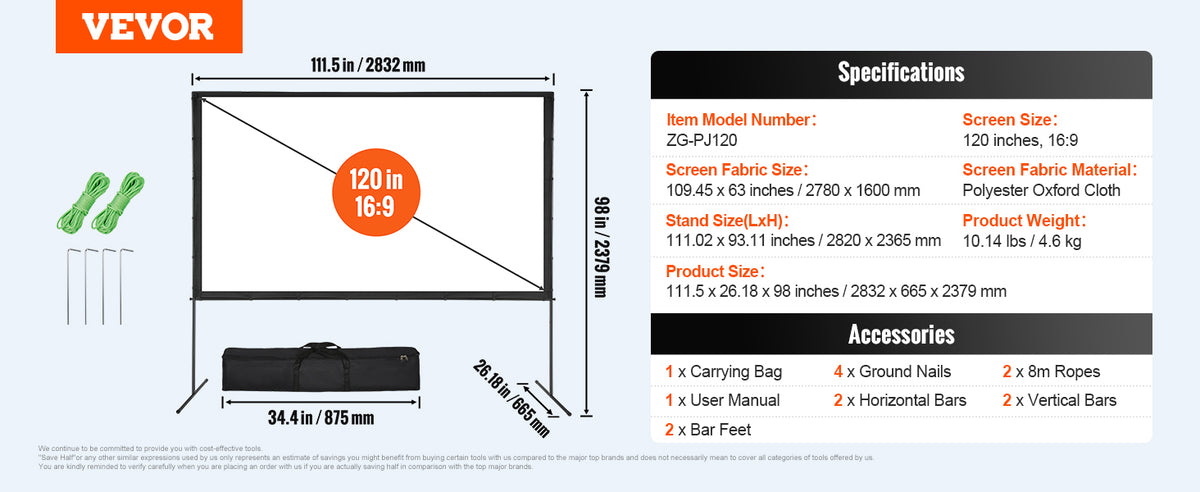 Portable Projector Screen with Stand 100-150 inch, 16:9 4K HD for Home Theater and Office