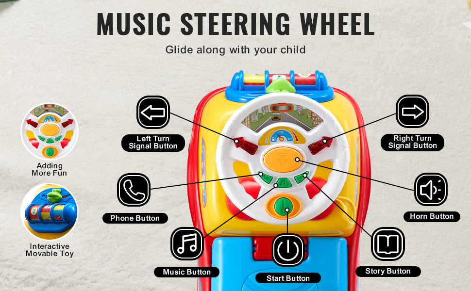 Toddler Ride-On Push Car with Music, Steering Wheel and Under-Seat Storage