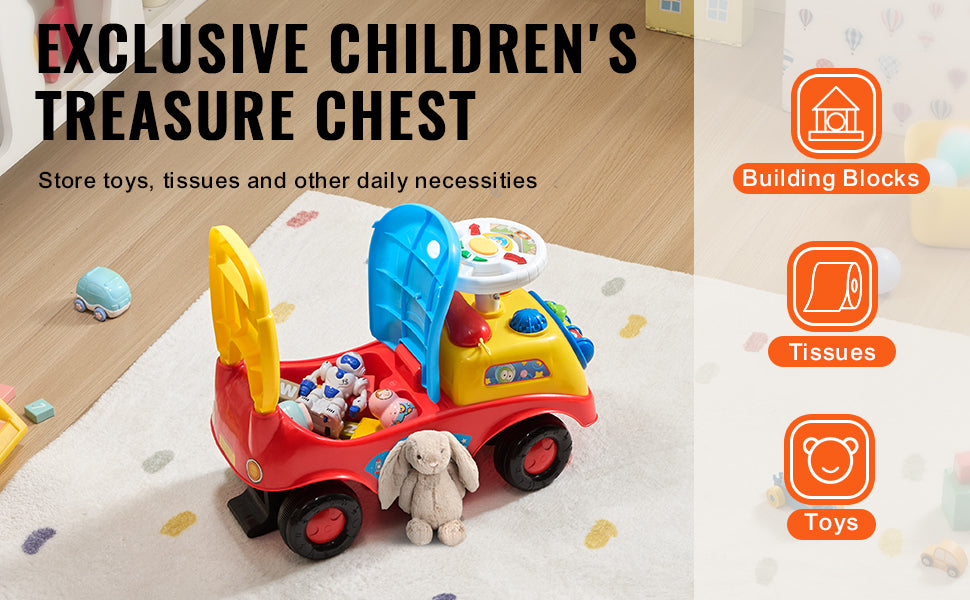 Toddler Ride-On Push Car with Music, Steering Wheel and Under-Seat Storage