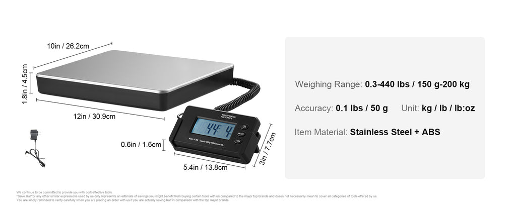 440lb Digital Shipping Scale with Timer and Tare, Portable Postal Package Scale with LCD