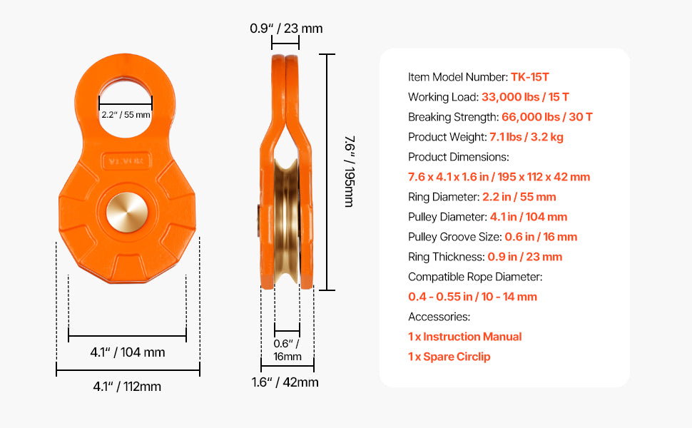 SucceBuy 30T Single Swivel Rope Pulley Winch Snatch Block for 0.4" - 0.55" Rope Towing & Recovery on Truck Tractor ATV & UTV