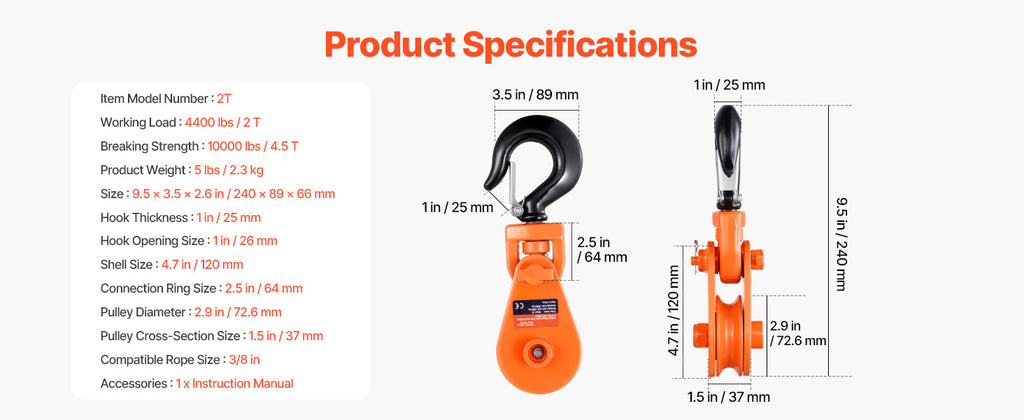 SucceBuy 2T Snatch Block Pulley with Swivel Hook Lifting Offroad Recovery for Towing Operation on Truck Rollback Wrecker Car